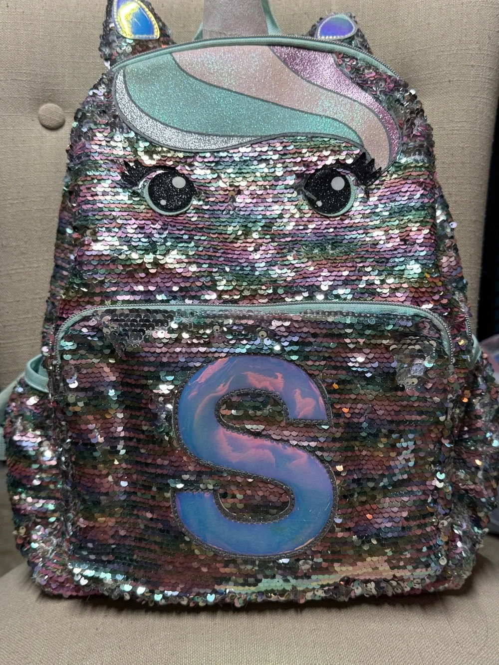 Unicorn Sequin “S” Backpack with Matching “S” Carrying Case/Lunchbox